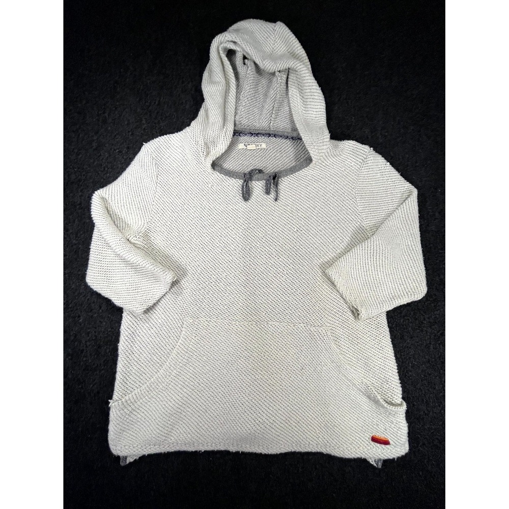 Roxy Pullover Hooded Sweater‎ Womens M Gray Chunky Knit 3/4 Sleeve Surf Skater